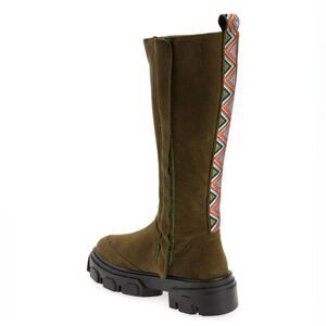 NEW FARM Rio Army Long Suede Boots Tall Lug Embroidered Olive Green Size 8.5